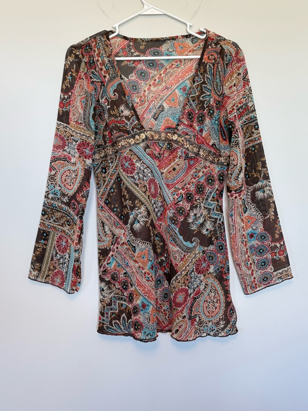 Y2K 90s Boho Paisley Print Sheer Blouse Retro Size Small